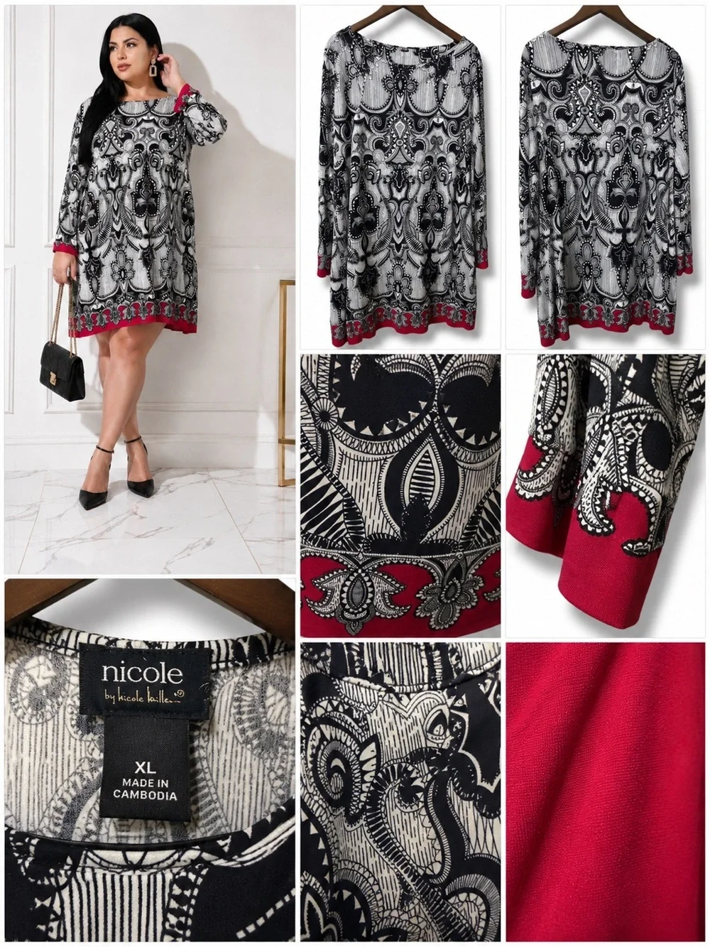 Nicole Miller | EUC Boho Baroque Black White Printed Red Trim Shift Dress (XL)